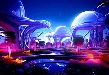 Poster - a futuristic cityscape with towering, dome-shaped structures in shades of purple and blue, surrounded by a lush, colorful garden with a reflective pool in the foreground.