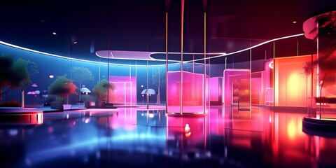 Aufkleber - a futuristic indoor space with a curved ceiling, illuminated by a mix of pink, purple, and blue lights. The floor is reflective, and the scene is framed by trees and