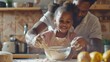 © Usman - Black little girl sieving flour for pastry dough under lovely dad supervision, cooking together at kitchen, copy space