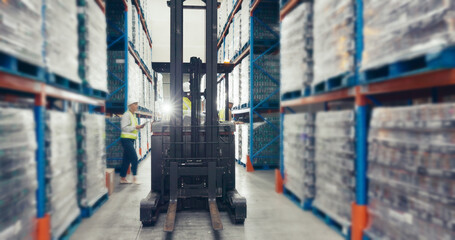 Canvas Print - Forklift, warehouse and storage with supply chain, packing and people for inventory, shipping or distribution. Workers, machinery and export or import business for quality control, lifting and goods