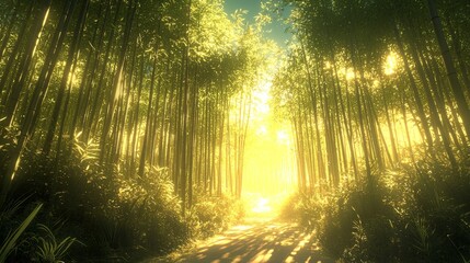 Wall Mural - Sunlit Bamboo Forest Path.