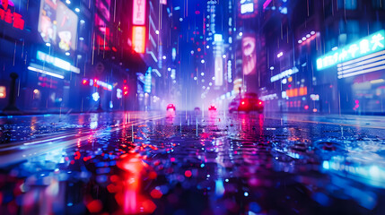 The streets of a fantasy city, with blue and orange light tints, neon lights, and a cinematic atmosphere