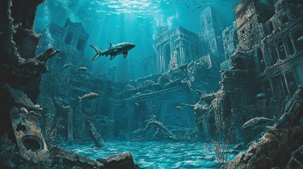 Sticker - dynamic underwater scene where a school of fish swims against a backdrop of a sunken city