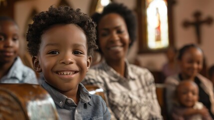 Wall Mural - A young boy is smiling at the camera in a church