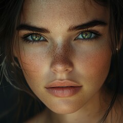 Closeup Portrait of Woman with Green Eyes and Freckles