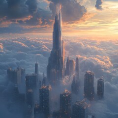 Sticker - Futuristic Cityscape Above the Clouds at Sunset