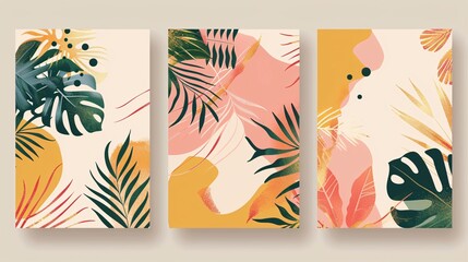 Sticker - 139. Vector illustration of summer backgrounds with tropical palm leaves, designed in a modern abstract style. The covers set includes minimal, trendy designs, ideal for jungle and beach themed