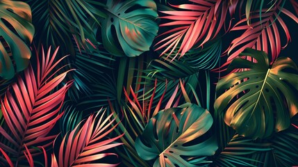 Sticker - 145. Bright, trendy minimal summer backgrounds with tropical palm leaves, designed in a modern abstract style. The creative covers set includes jungle and beach themes, with vivid colors and stylish