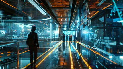 A woman walks through a futuristic city with neon lights