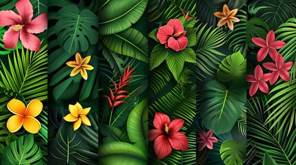 Wall Mural - 148. Vector set of summer tropical backgrounds, showcasing bright flowers and green leaves. The templates are designed with vivid colors and detailed illustrations, ideal for a tropical theme