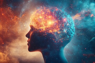 Wall Mural - Vibrant human profile illustration featuring a glowing brain and connections symbolizing creativity