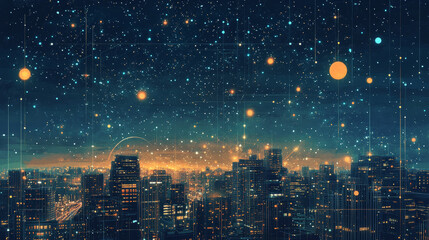 A picture of a city that looks like a starry night sky. It's made of dots, lines, and shapes like planets, stars, and the universe. It's a design idea for a big city.low poly vector illustration.