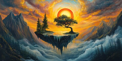 Wall Mural - Twisting mountains liquid sun floating trees 