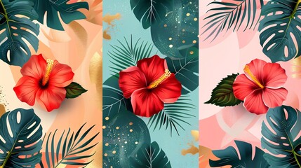 Wall Mural - 156. Set of tropical backgrounds with hibiscus flowers and leaves, designed on pastel abstract backgrounds. The vector illustrations are ideal for fashion ads, posters, banners, and social media