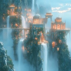 Sticker - Fantasy City on Cliffside with Waterfall