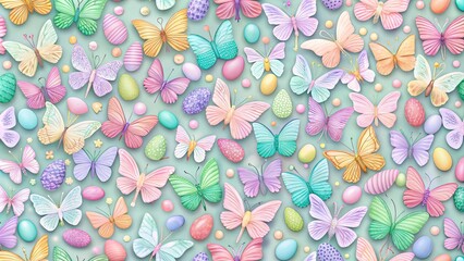 Wall Mural - Abstract butterfly patterns with hidden Easter Bunny elements in vibrant pastel colors