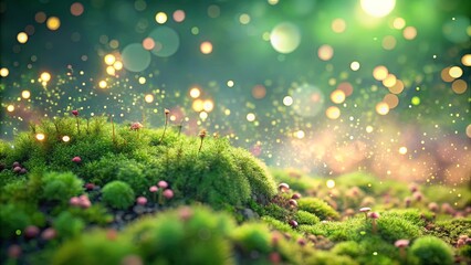 Wall Mural - Abstract botanical background featuring moss green and pastel pink hues with glowing spots scattered throughout