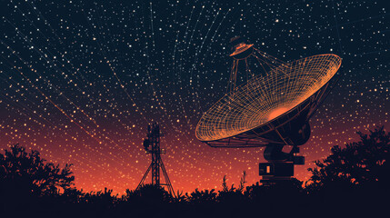 Wall Mural - A radio telescope, like a giant antenna, is used to study the universe. This image shows the telescope as a starry sky, with points, lines, and shapes representing stars and the vastness of space.