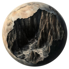 Wall Mural - a rocky planet with deep canyons and towering mountain ranges, isolated on white background.