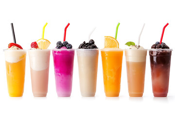 set bubble tea fruit summer drinks isolated on white background