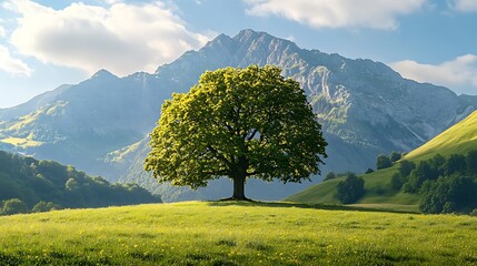 Canvas Print - Solitary Tree in Mountain Meadow