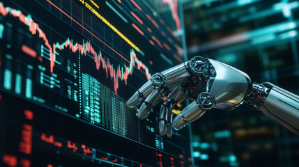 A robotic hand points to a chart showing financial data. The data is analyzed by a program that uses artificial intelligence to predict market trends.