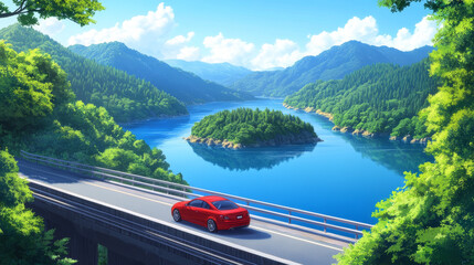 A red car drives across a bridge overlooking a blue lake. Lush green forests surround the lake, and an island sits in the middle. It's a beautiful summer day.