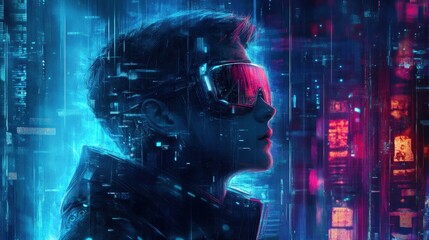 A cyberpunk-style illustration of a person wearing goggles and looking out at a futuristic cityscape.