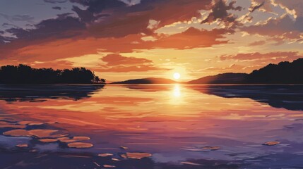 Poster - artwork of a sunset over a peaceful bay.