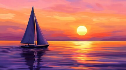 Wall Mural - image of a sunset with a calm ocean and sailboat.