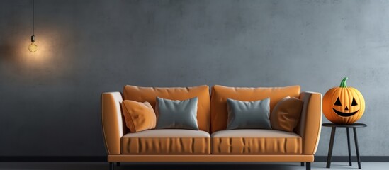 Poster - Orange Couch and Pumpkin Decor in a Modern Room