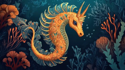 Elegant Sea Horse: Design an illustration of an elegant sea horse, showcasing its unique shape and delicate features with a backdrop of vibrant underwater flora