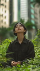 A woman is sitting in a field of green grass, looking up at the sky. She is in a peaceful and relaxed state