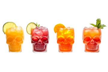 Variety of Halloween-themed cocktails served in skull-shaped and traditional glasses, adorned with orange slices and bat stirrers isolated on white background. Concept for festive Halloween celebratio