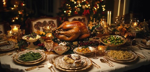 Aesthetic red-themed Christmas dinner table setting with wine glasses and nice tableware with gold accents