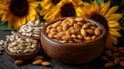 Wall Mural - A bowl of almonds is on a table next to a bowl of beans. The image has a casual and relaxed vibe, with the almonds and beans being a simple