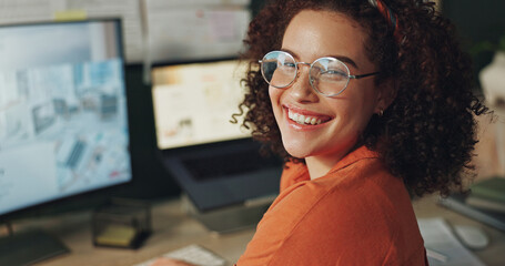 Aufkleber - Business woman, portrait and computer in home office for research, hybrid work and positive mood. Virtual assistant, happy and pc screen for project, pride and professional administration support