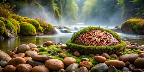 Wall Mural - Intricate brush strokes in terracotta and moss with river stones and light mist background a serene and earthy art piece