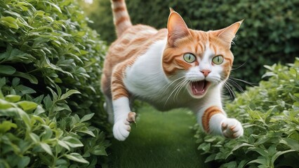 Poster - a cat with green eyes and white fur is jumping in the air.