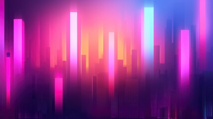 Wall Mural - a vibrant, abstract cityscape featuring tall, illuminated structures in shades of pink, blue, and pu