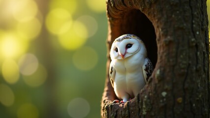 Wall Mural - a owl is looking out of a hole in a tree.