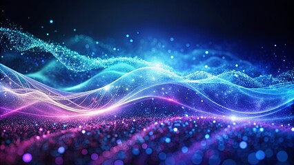 Wall Mural - Abstract wave-like textures in blue and purple hues with glowing particles and light effects