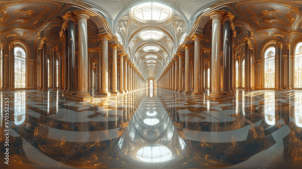 A stunning 3D image of a grand hall, showcasing its pillars and shiny ...