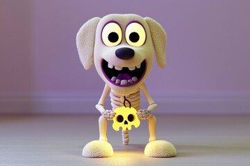 Canvas Print - Funny Cartoon Skeleton Dog Holding a Skull for Halloween