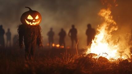 Wall Mural - A Jack-o'-lantern Scarecrow Stands Before a Burning Fire in a Foggy Field