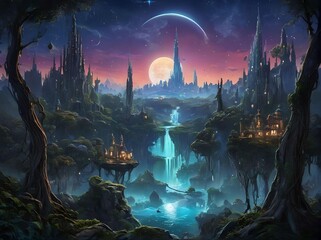 Heaven-like Fantasy City with Tall Buildings Floating on The River with Waterfalls and a Moon with Ethereal Sky Panorama