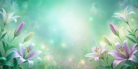 Wall Mural - Ethereal wallpaper featuring pastel greens, purples, and glowing lilies