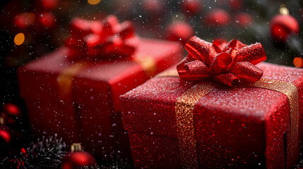 Two red gift boxes with golden ribbons surrounded by snow and festive bokeh lights