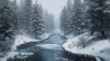 Wall Mural - winter pine forest with a frozen stream winding through it.