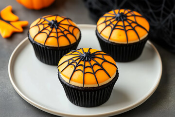 Chocolate cupcakes with orange frosting and black spider web decorations on light background. Halloween dessert concept